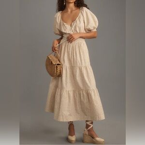 Anthropologie Somerset Puff Sleeve Cream Midi Dress with Polka Dots Medium